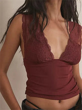 Lace Patchwork See Through Exposed Navel Summer Deep V-neck Slim Vests Crop Tops